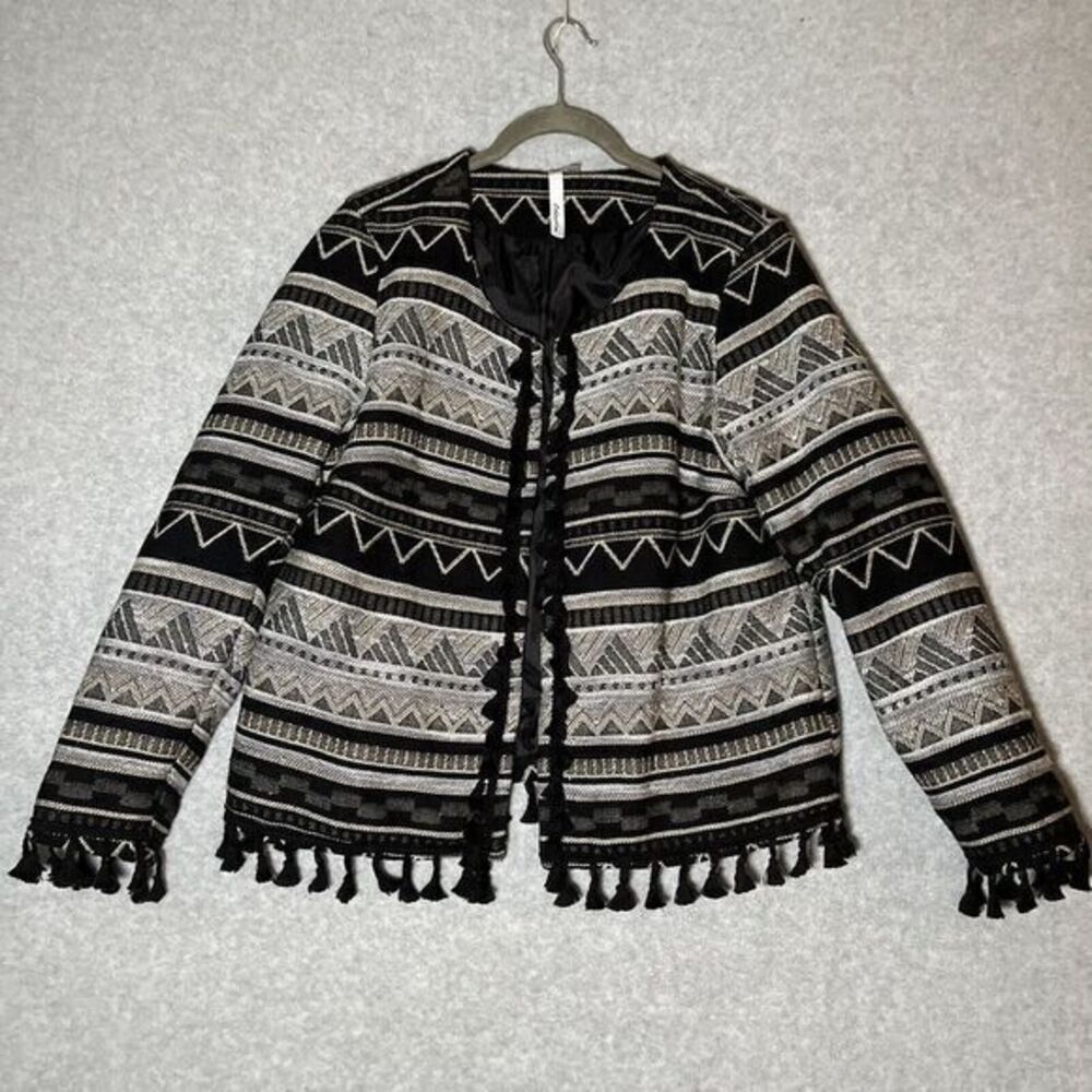 VTG Tapestry geo southwestern Crop Jacket‎ Black White tassels trim boho Chic L